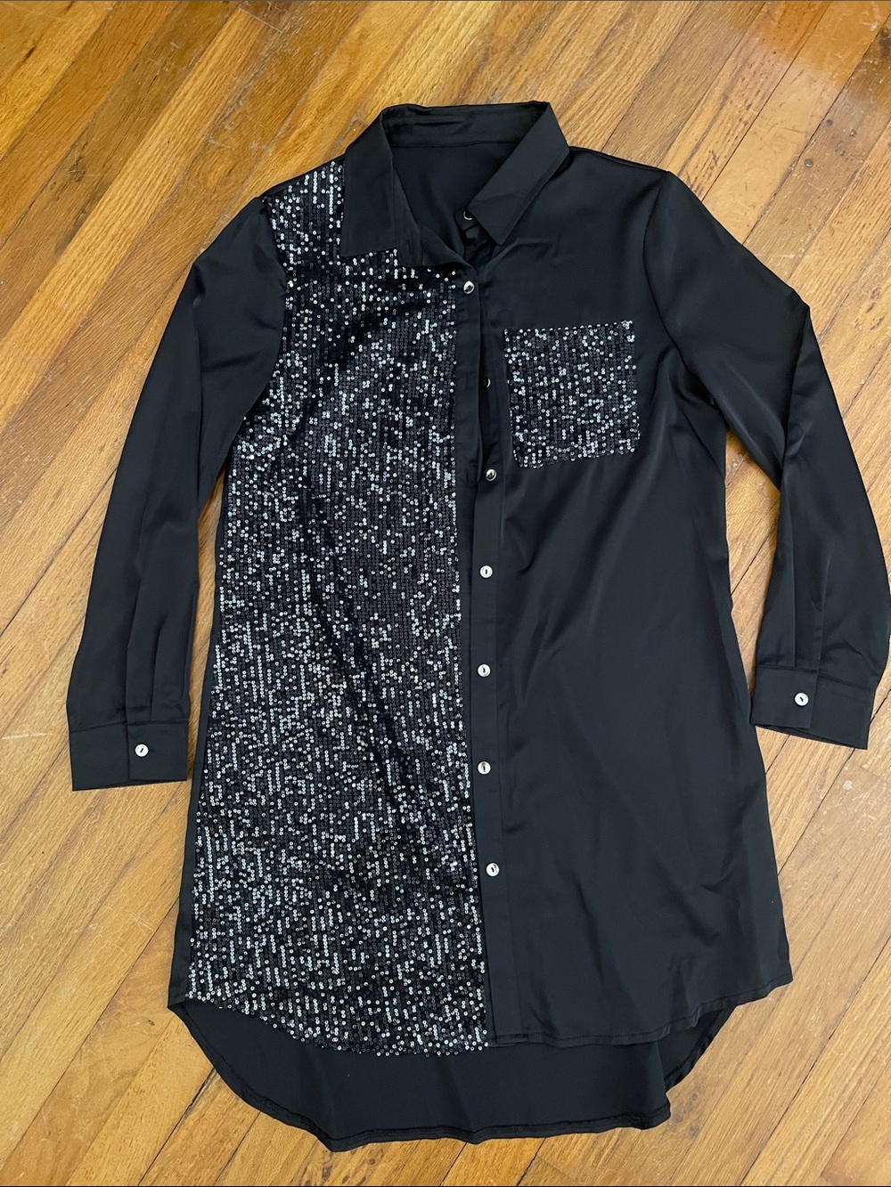 NWOT - Black Sequin-Accent Long Button up Dress or Shirt - Picture 1 of 4